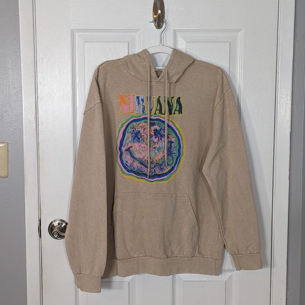 New Nirvana Psychedelic Smiley Logo Front Tan Hoodie Unisex Size Large
